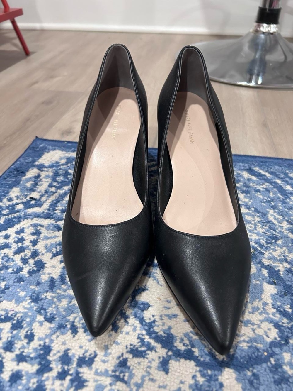 Stuart Weitzman Black Pointed-Toe Leather Pumps